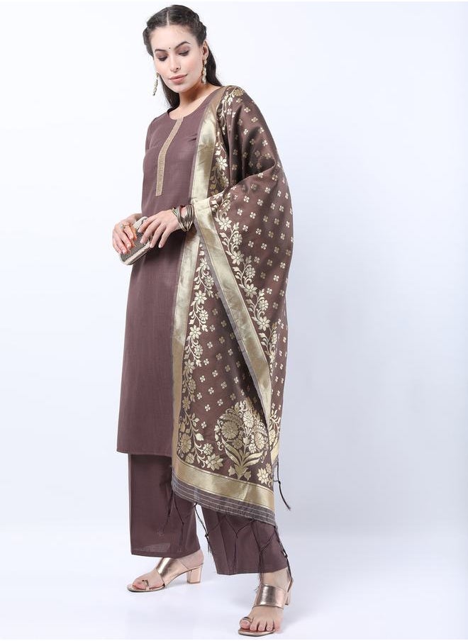 Ketch - Embroidered Lace Detail Kurta and Palazzo with Floral Texture Dupatta Set by Styli - Image 1
