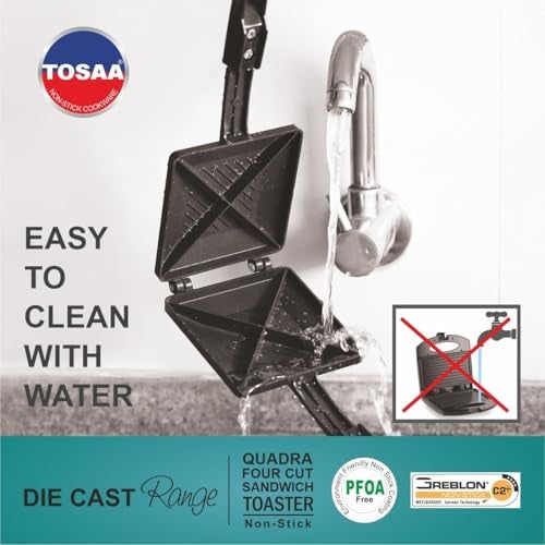 Tosaa Quadra 4-Cut Gas Sandwich Toaster Non-Stick Aluminium | Compatibility with Gas Stoves | Flame-Proof Design | Heat-Resistant Handle | Sandwich Maker | Black - Image 4