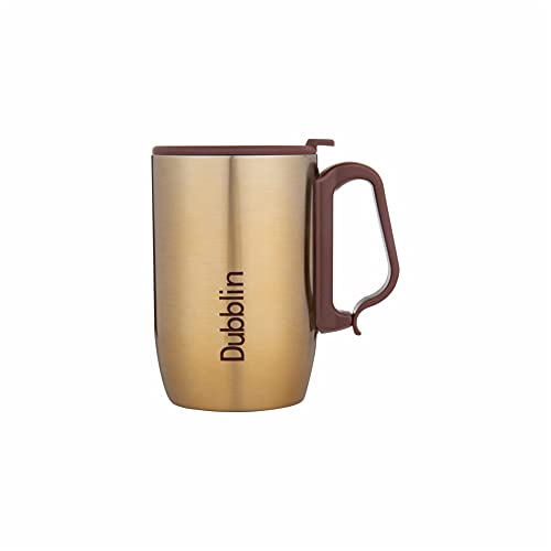 DUBBLIN Refresh Stainless Steel Unbreakable Tea Coffee Mug Double Wall with Handle and Lid, Wide Mouth Mug Keeps Beverages Hot & Cold 350 ML Golden - Image 1