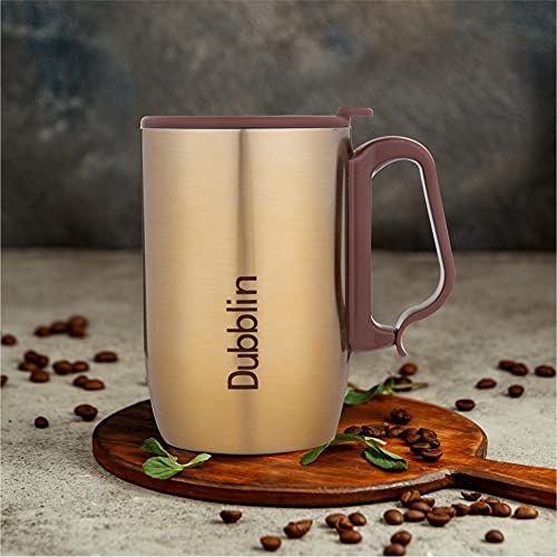 DUBBLIN Refresh Stainless Steel Unbreakable Tea Coffee Mug Double Wall with Handle and Lid, Wide Mouth Mug Keeps Beverages Hot & Cold 350 ML Golden - Image 5