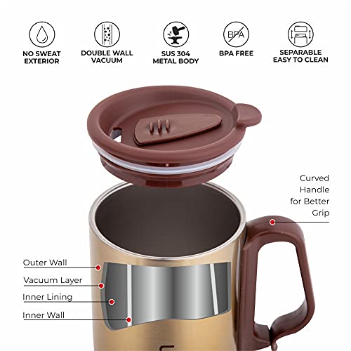 DUBBLIN Refresh Stainless Steel Unbreakable Tea Coffee Mug Double Wall with Handle and Lid, Wide Mouth Mug Keeps Beverages Hot & Cold 350 ML Golden - Image 2