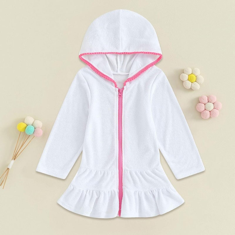 Baby beach hooded cape, hooded long-sleeved beach dress (white, suitable for 3-4 years old) - Image 3