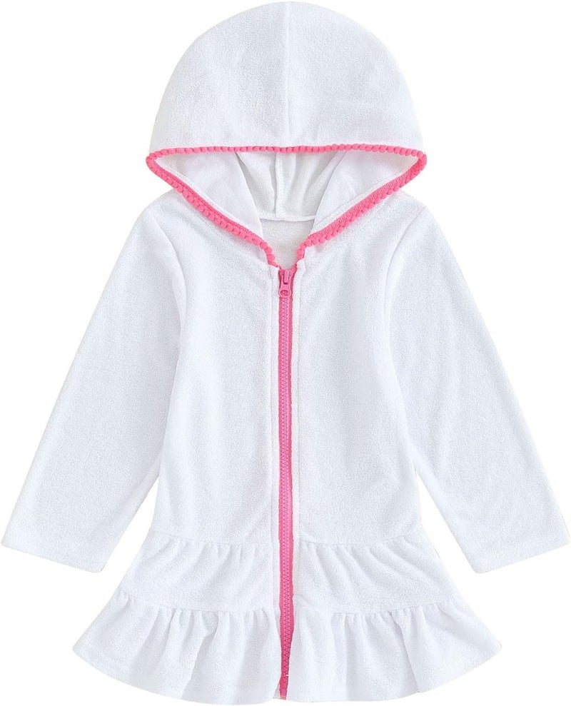 Baby beach hooded cape, hooded long-sleeved beach dress (white, suitable for 3-4 years old) - Image 2