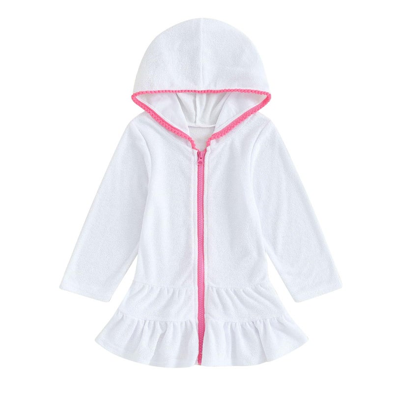 Baby beach hooded cape, hooded long-sleeved beach dress (white, suitable for 3-4 years old) - Image 1
