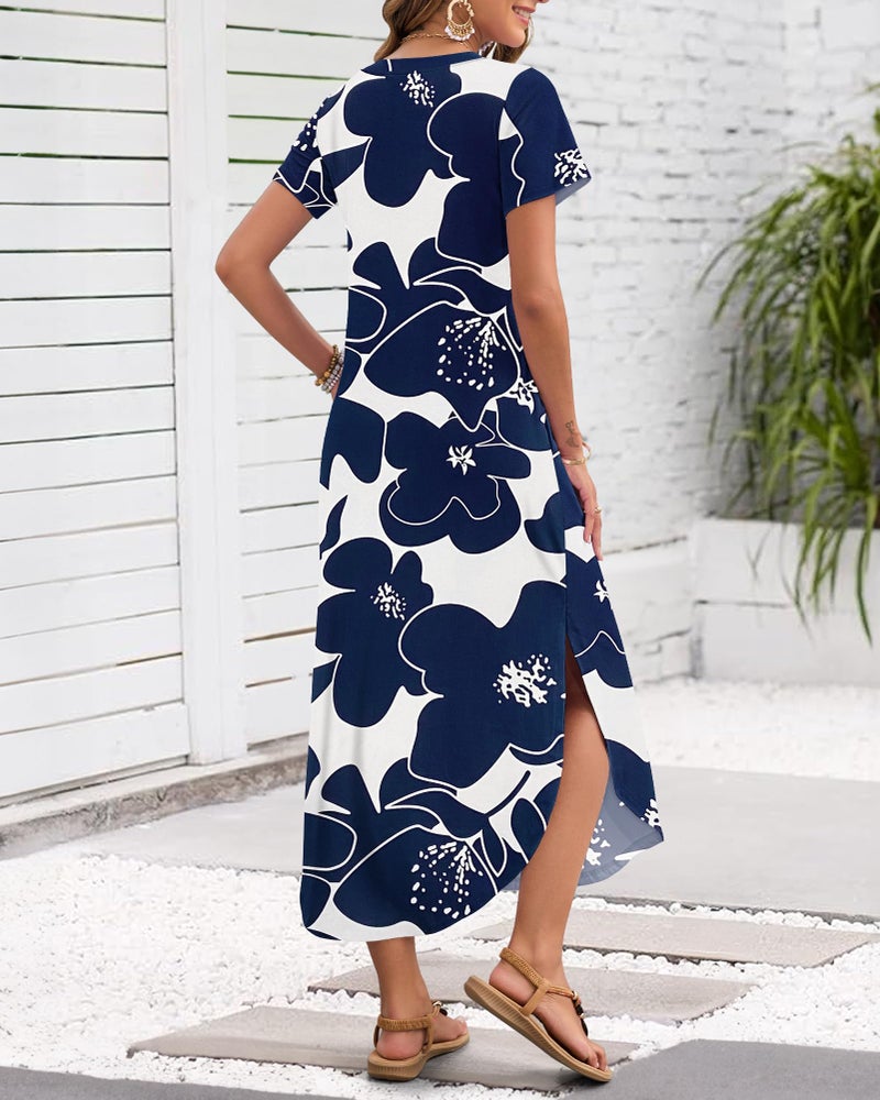 MISFAY Women's Summer Casual Maxi Dress 2026 Short Sleeves V Neck Loose Sundress Split Long Beach T Shirt Dress Vacation Outfits(White Navy Flower,L) - Image 3