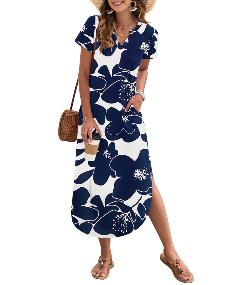 MISFAY Women's Summer Casual Maxi Dress 2026 Short Sleeves V Neck Loose Sundress Split Long Beach T Shirt Dress Vacation Outfits(White Navy Flower,L) - Image 1