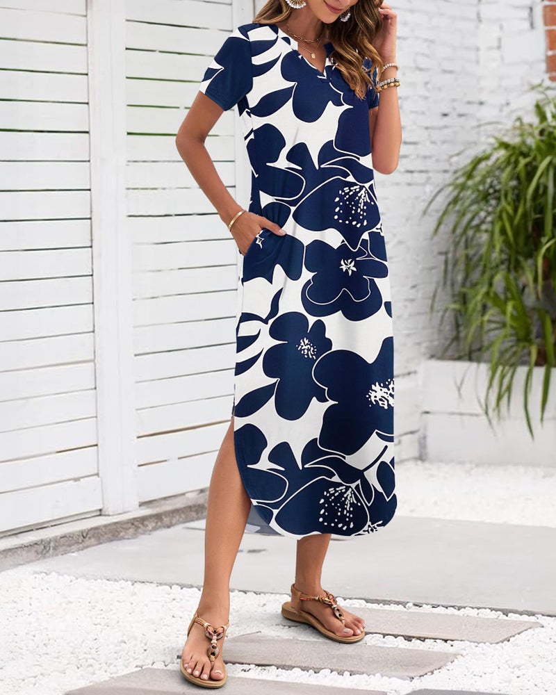 MISFAY Women's Summer Casual Maxi Dress 2026 Short Sleeves V Neck Loose Sundress Split Long Beach T Shirt Dress Vacation Outfits(White Navy Flower,L) - Image 2