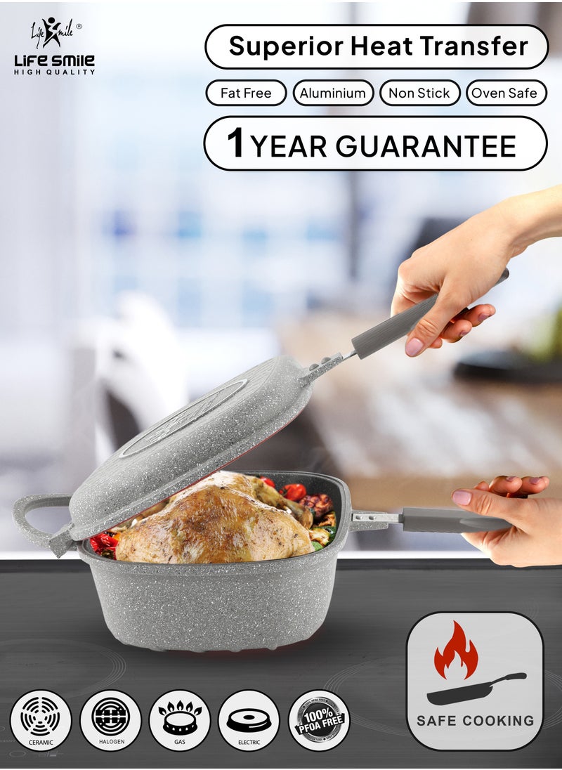 Life Smile - Smart Double Grill  Deep Frying Pan - 5 Layer Granite Non-Stick Coating With Magnetic Handle - Flipping Grill Frying Pan | Multiple Hob Compatibility - Image 1
