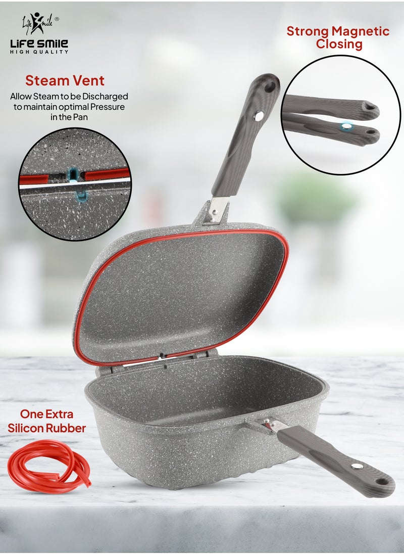 Life Smile - Smart Double Grill  Deep Frying Pan - 5 Layer Granite Non-Stick Coating With Magnetic Handle - Flipping Grill Frying Pan | Multiple Hob Compatibility - Image 1