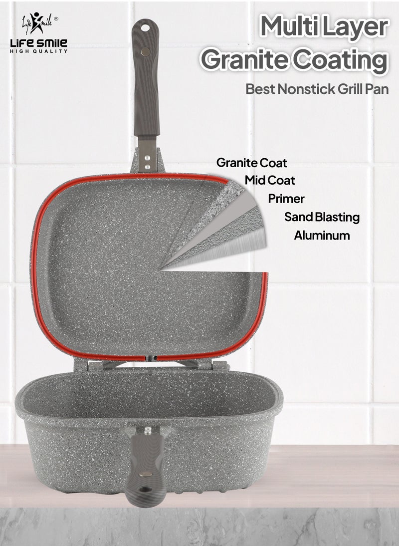 Life Smile - Smart Double Grill  Deep Frying Pan - 5 Layer Granite Non-Stick Coating With Magnetic Handle - Flipping Grill Frying Pan | Multiple Hob Compatibility - Image 1