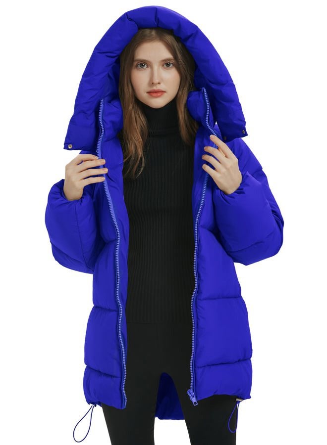 PEHMEA Women Mid-Length Puffer Hooded Jacket Winter Padded Warm Coat Thicken Outerwear Coats(Blue-L) - Image 2