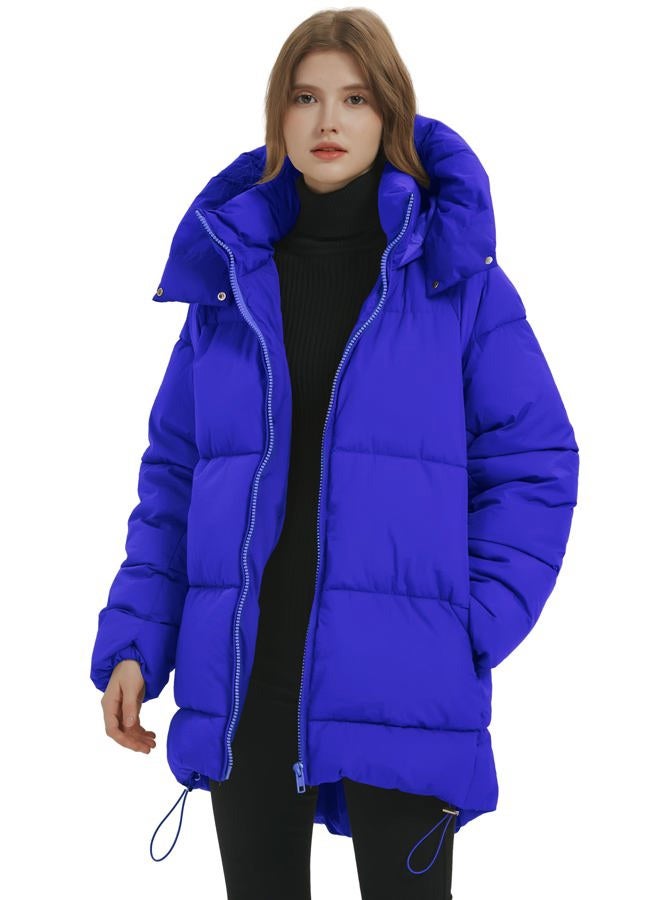 PEHMEA Women Mid-Length Puffer Hooded Jacket Winter Padded Warm Coat Thicken Outerwear Coats(Blue-L) - Image 1