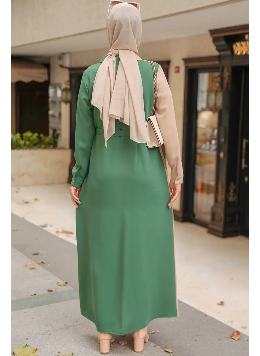 Neva Style - Color Block Green Hijab Dress 3437Y