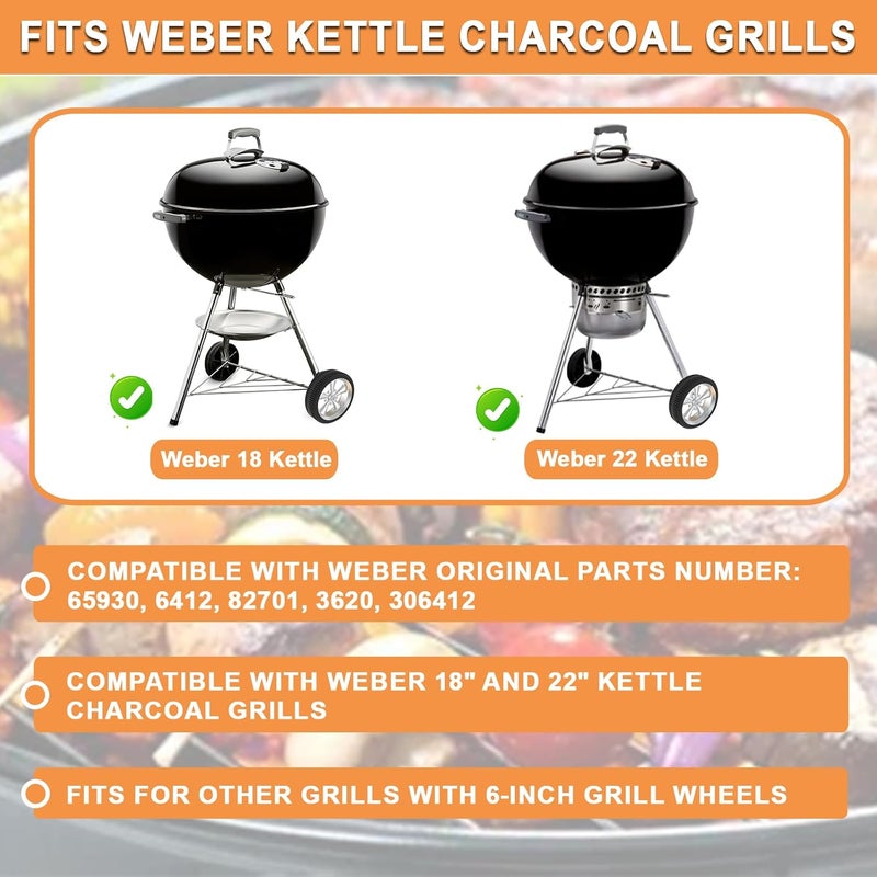 PETKAO 65930 عجلات شواء لاستبدال عجلات شواية Weber، عجلة Weber Kettle 18/22 بوصة، إطارات 6412 6 بوصة مع 3 أغطية محاور لأجزاء شواية الفحم Webber، شوايات Webber 1321001 451001 741001، قطعتان، فضي يدوم طويلاً - Image 3