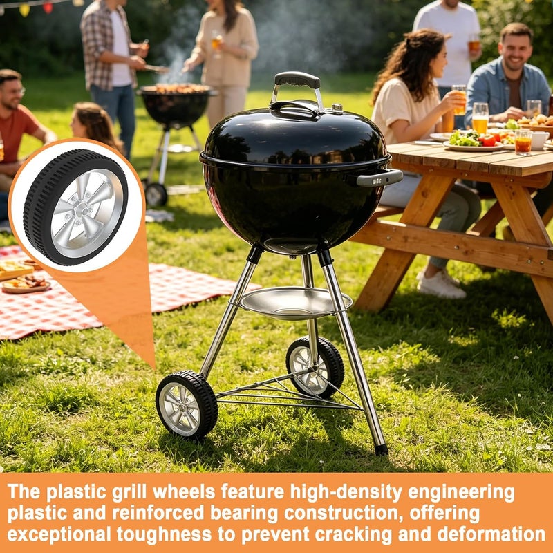 PETKAO 65930 عجلات شواء لاستبدال عجلات شواية Weber، عجلة Weber Kettle 18/22 بوصة، إطارات 6412 6 بوصة مع 3 أغطية محاور لأجزاء شواية الفحم Webber، شوايات Webber 1321001 451001 741001، قطعتان، فضي يدوم طويلاً - Image 2