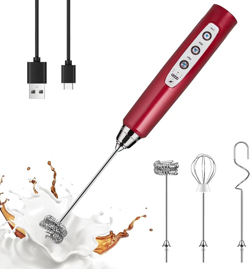 YUSWKO Red Milk Frother Handheld with 3 Heads, Coffee Whisk Foam Mixer with USB Rechargeable 3 Speeds, Electric Mini Hand Hand Frother for Latte, Cappuccino, Hot Chocolate, Egg - Image 1