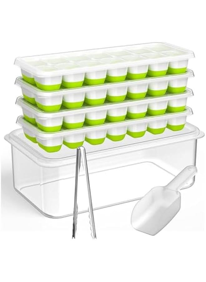 HOOKOR Ice Cube Tray with Lid and Bin, 4 Pack Silicone Plastic Ice Cube Trays for Freezer with Ice Box, Ice Trays with Ice Container, Stackable Ice Tray with Storage Ice Bucket Kits,Ice Tong,Ice Scoop,Gree  - Image 1