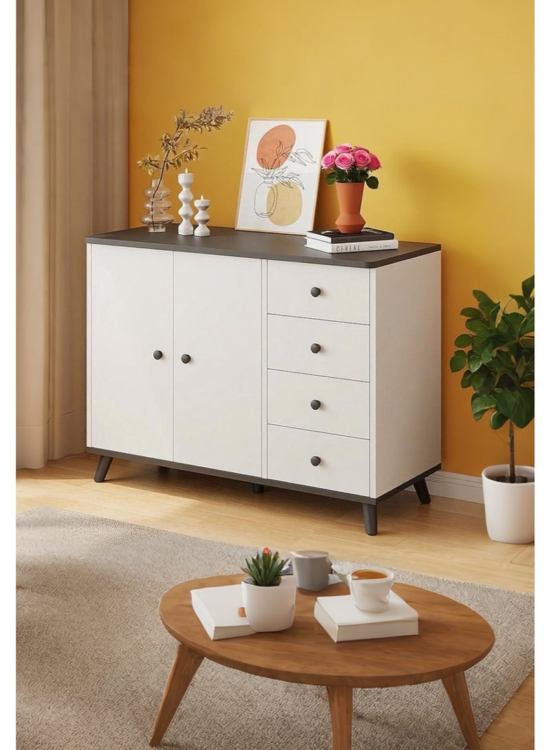 Chest of Drawers for Bedroom, Sideboard Cabinet, Buffet Cabinet, Kitchen Cabinet - Wooden Storage Cabinet with Legs, 4 Drawers and 2 Doors, for Living Room, Dining, Kitchen & Coffee Corner, GLC104 - Image 1