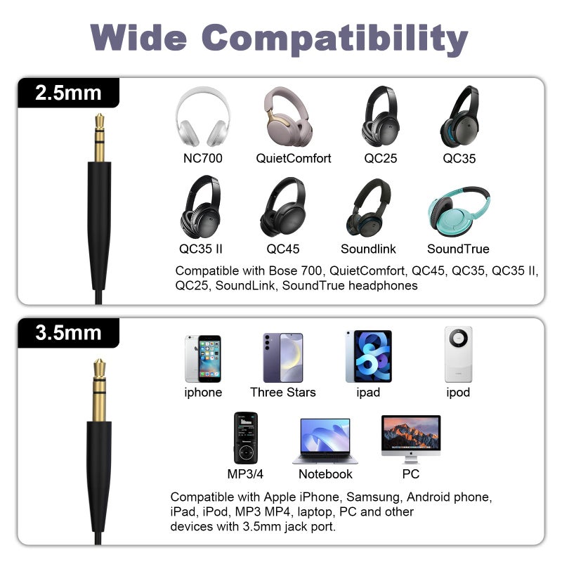 Toeasor كابل صوت بديل AUX 3.5 مم إلى 2.5 مم متوافق مع سماعات Bose 700 QuietComfort QC45 QC35II QC35 QC25 لإلغاء الضوضاء، SoundTrue Soundlink On-Ear 2 OE2 OE2i (بدون ميكروفون) - Image 5