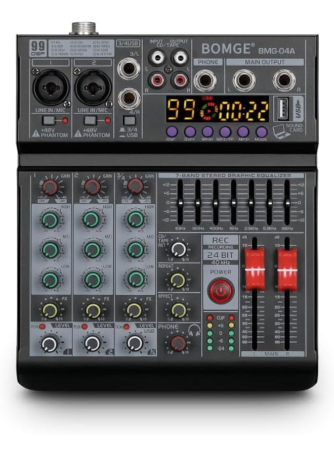 BOMGE 04A Professional Audio Mixer 4 Channel with Bluetooth USB 48V Phantom Power and 99 DSP Effects - Image 1