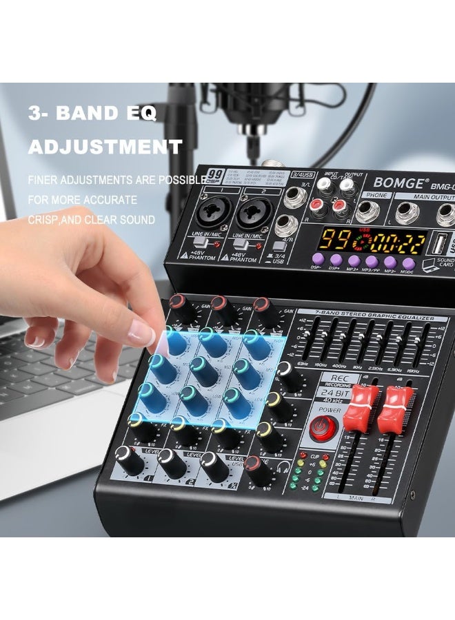 BOMGE 04A Professional Audio Mixer 4 Channel with Bluetooth USB 48V Phantom Power and 99 DSP Effects - Image 4