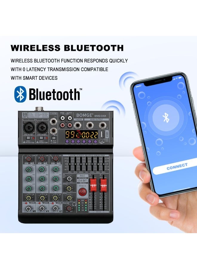 BOMGE 04A Professional Audio Mixer 4 Channel with Bluetooth USB 48V Phantom Power and 99 DSP Effects - Image 5