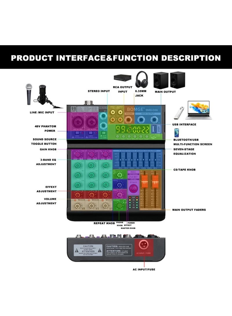 BOMGE 04A Professional Audio Mixer 4 Channel with Bluetooth USB 48V Phantom Power and 99 DSP Effects - Image 3