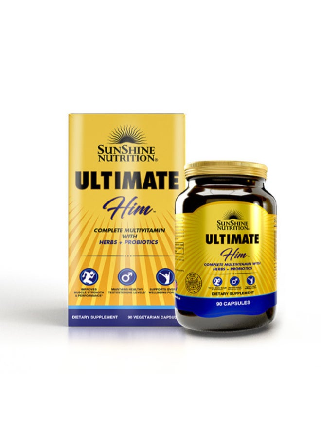 SUNSHINE NUTRITION Ultimate Him Multivitamin Supplement — Testosterone Support, Energy, Muscle Performance, Probiotics & Herbal Blend for Men’s Wellness, 90 V-Caps - Image 1