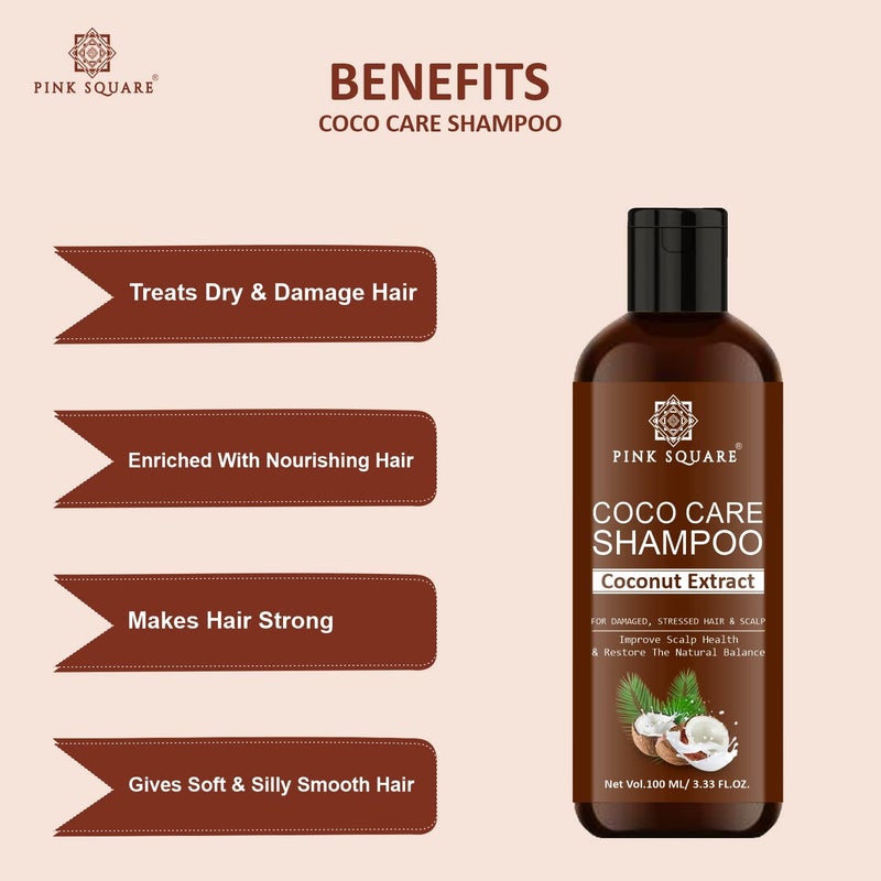 Pink Square Coco Care Shampoo with Coconut Extract Protein Shampoo For Hair Volume Hair Fall Anti Dandruff Frizz Control Shine  Strength Pack of 3 of 100 ML - Image 4