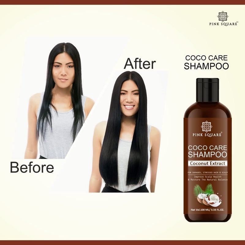 Pink Square Coco Care Shampoo with Coconut Extract Protein Shampoo For Hair Volume Hair Fall Anti Dandruff Frizz Control Shine  Strength Pack of 3 of 100 ML - Image 5