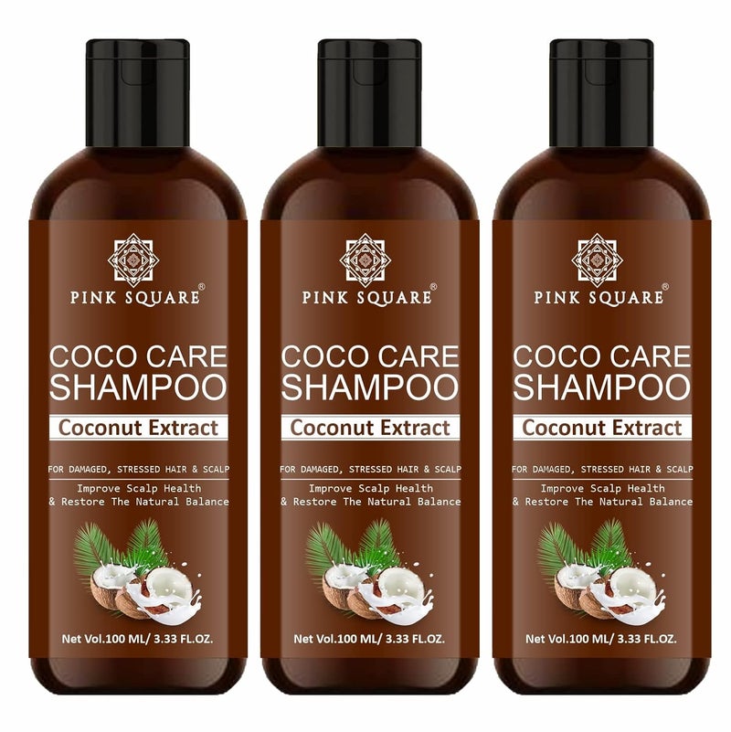 Pink Square Coco Care Shampoo with Coconut Extract Protein Shampoo For Hair Volume Hair Fall Anti Dandruff Frizz Control Shine  Strength Pack of 3 of 100 ML - Image 1