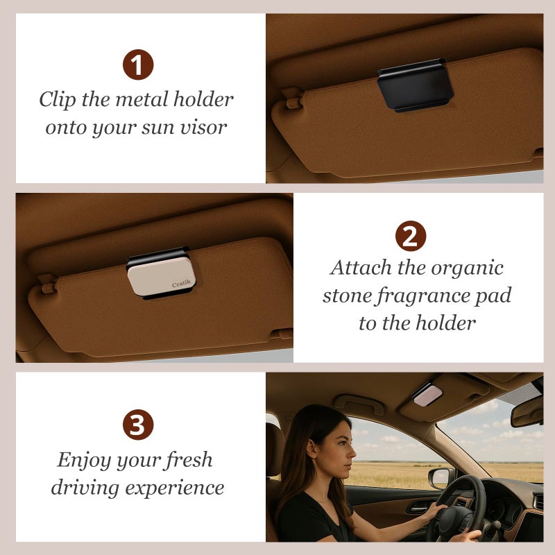 CRATIK Car Air Freshener - Stone Air Freshener - Car Odor Eliminator for Visor Clip- Natural Scent Starter Kit, Vehicle Scent Diffuser for Cabin, Truck & SUV-Pack of 3 (Teak-Amber-Open Air)-CLIP INCLUDED - Image 4