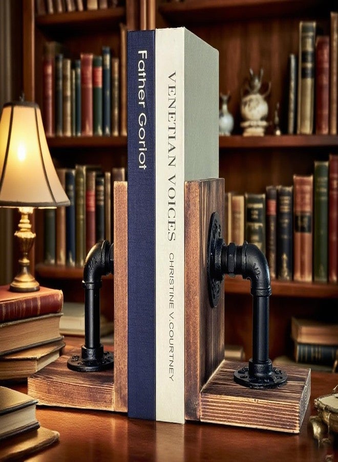 ifreeside Wooden Bookends for Heavy Books Realistic Industrial Pipe Design Farmhouse Bookends for Home Office(Pipe Light Brown) - Image 5
