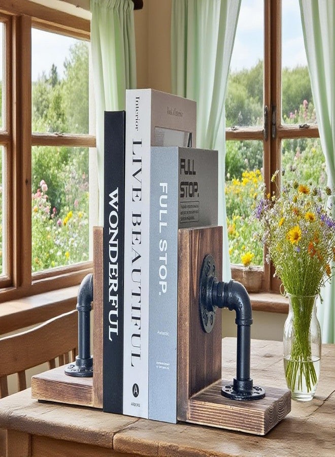 ifreeside Wooden Bookends for Heavy Books Realistic Industrial Pipe Design Farmhouse Bookends for Home Office(Pipe Light Brown) - Image 3