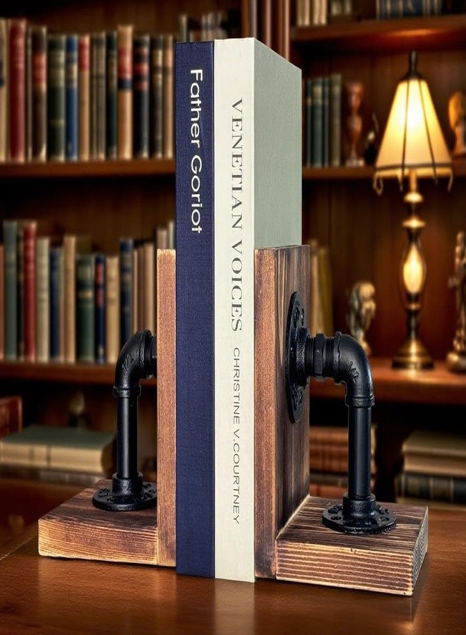 ifreeside Wooden Bookends for Heavy Books Realistic Industrial Pipe Design Farmhouse Bookends for Home Office(Pipe Light Brown) - Image 2
