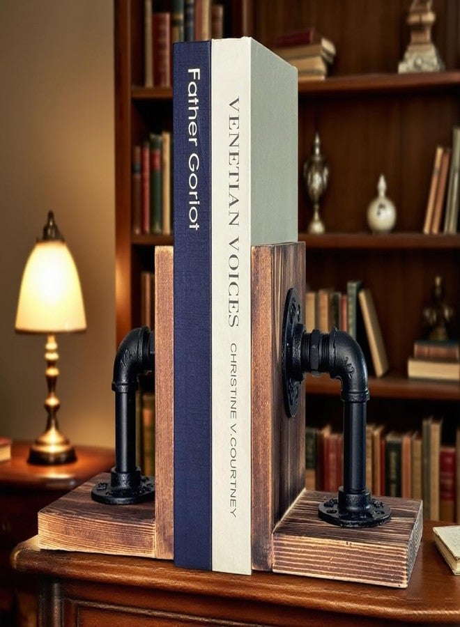 ifreeside Wooden Bookends for Heavy Books Realistic Industrial Pipe Design Farmhouse Bookends for Home Office(Pipe Light Brown) - Image 4