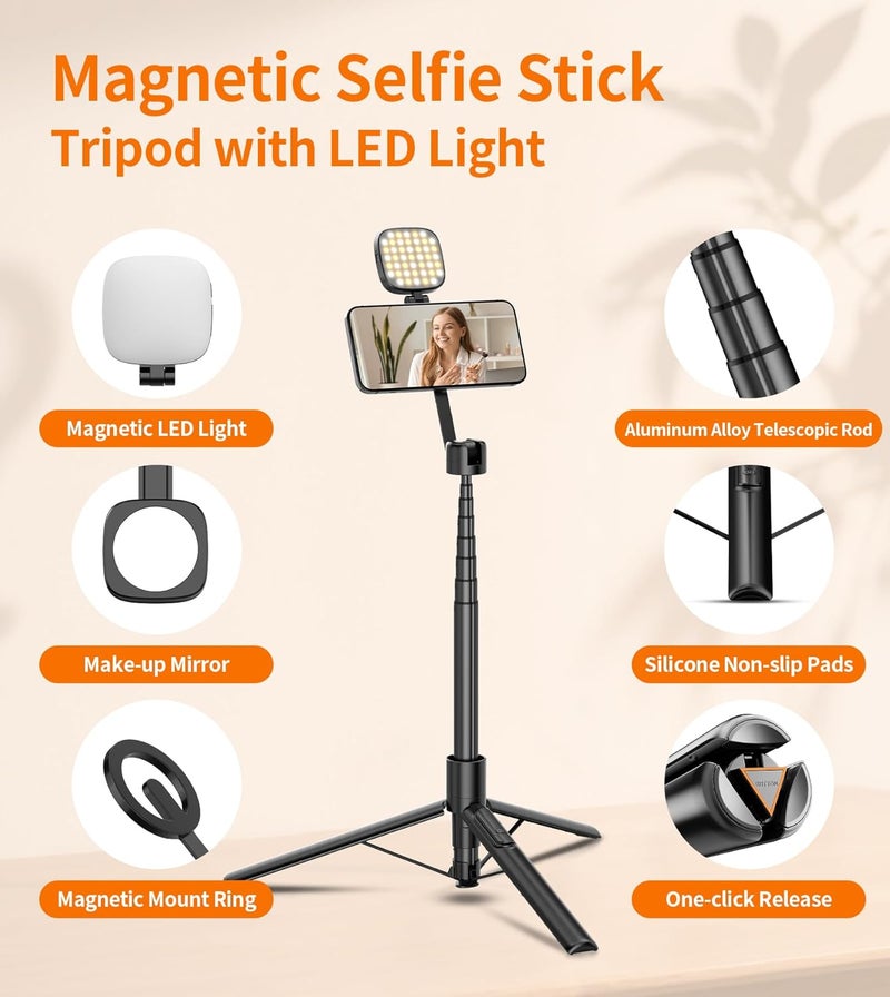 TONEOF Upgraded 173cm Selfie Stick Tripod Vlogging Kit, Magnetic Phone Tripod with LED Light and Mini Mirror, 10m Remote Control, 360 Rotation, Magnetic Ring Included, for Camera/iPhone/Android - Image 2