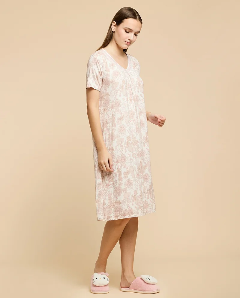 R&B Printed Nightdress with V-Neck and Short Sleeves