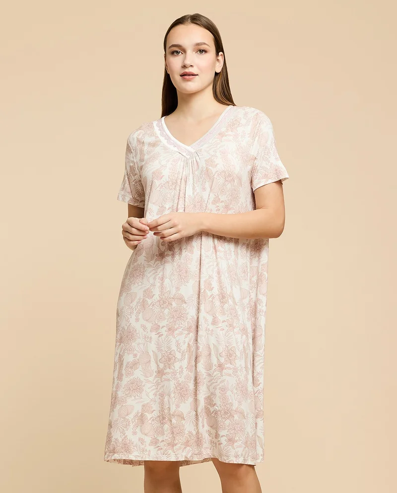 R&B Printed Nightdress with V-Neck and Short Sleeves