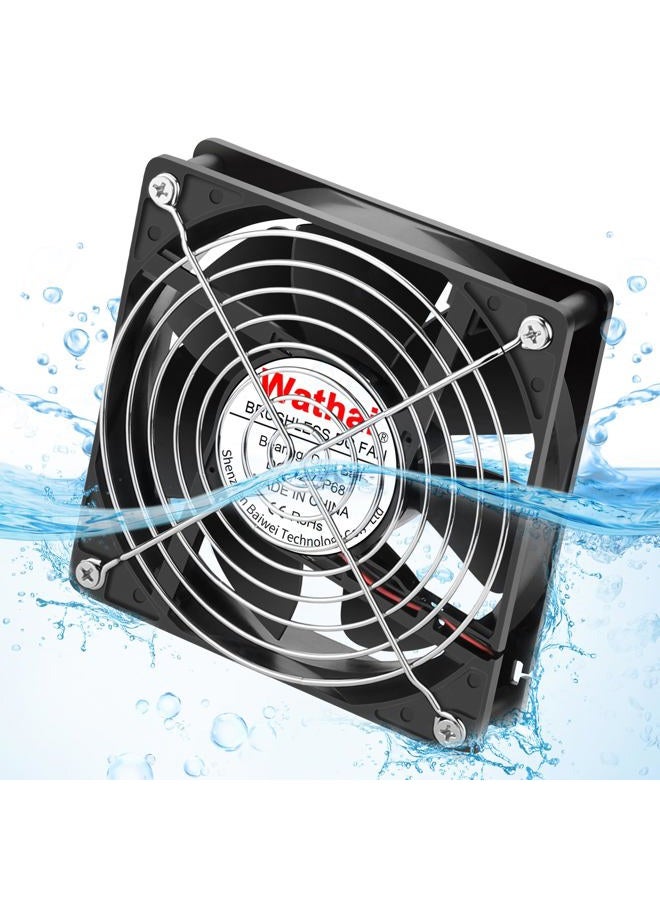 Wathai IP68 120mm x 25mm 12V Waterproof Exhaust Cooling Fan High Performance Dual Ball 12 Volt Fan 2Pin for DIY RV Refrigerator, Grow Tent, Terrarium Ventilation Cooling - Image 1
