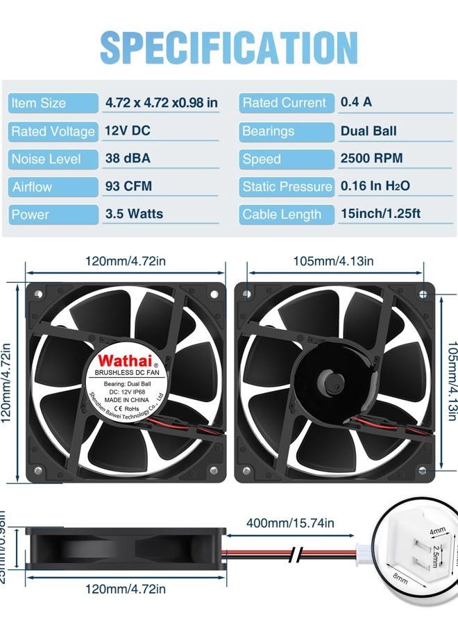 Wathai IP68 120mm x 25mm 12V Waterproof Exhaust Cooling Fan High Performance Dual Ball 12 Volt Fan 2Pin for DIY RV Refrigerator, Grow Tent, Terrarium Ventilation Cooling - Image 2