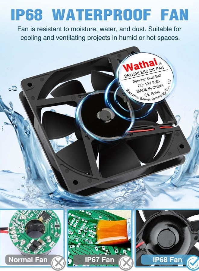 Wathai IP68 120mm x 25mm 12V Waterproof Exhaust Cooling Fan High Performance Dual Ball 12 Volt Fan 2Pin for DIY RV Refrigerator, Grow Tent, Terrarium Ventilation Cooling - Image 3