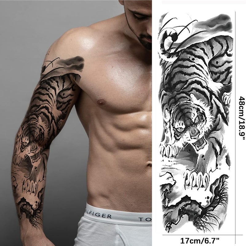 Briyhose Widely used design Forest Temporary Tattoo Sleeves, Full Arm Large Wolf Lion Animal Forest Tribal Fake Tattoos Sleeve For Men Women Adult, Black Leopard Tiger Temp Tatoo Sticker Leg Body Art Makeup, 6-Sheet Global flexible sizing options - Image 5