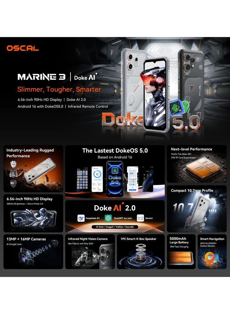 OSCAL MARINE 3 Rugged Smartphone 6.56" HD 90Hz Display Helio G81 13MP+16MP Camera 5000mAh Battery Android 16 Mobile - Image 2