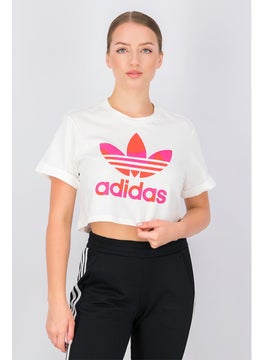 Women Crew Neck Short Sleeve Graphic Crop Top, White Combo
