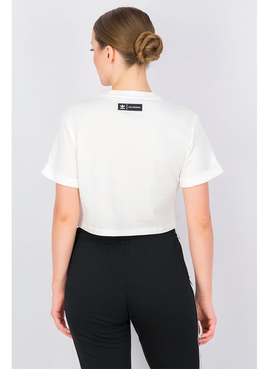 adidas Originals - Women Crew Neck Short Sleeve Graphic Crop Top, White Combo - Image 1