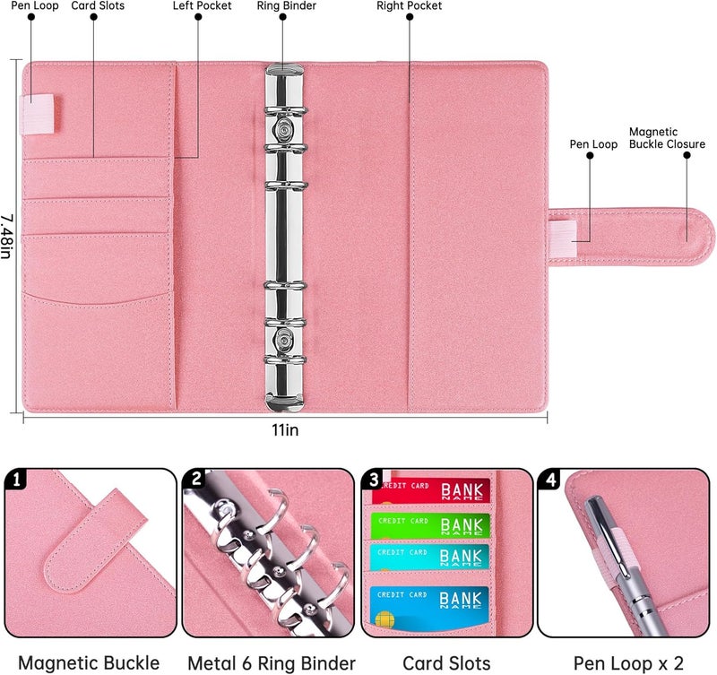 Antner A6 Notebook Binder Refillable 6 Ring Budget Binder Cover for A6 Refill Paper, PU Leather Budget Planner Organizer with Magnetic Buckle, Loose Leaf Personal Planner, Glitter Pink - Image 2
