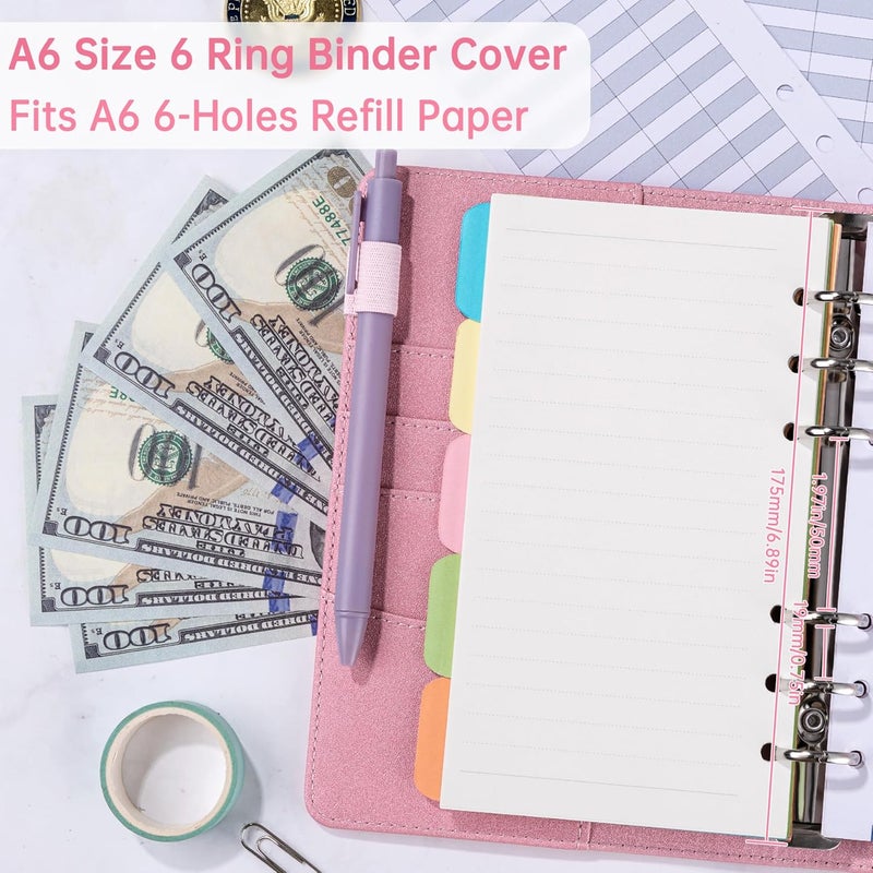 Antner A6 Notebook Binder Refillable 6 Ring Budget Binder Cover for A6 Refill Paper, PU Leather Budget Planner Organizer with Magnetic Buckle, Loose Leaf Personal Planner, Glitter Pink - Image 3
