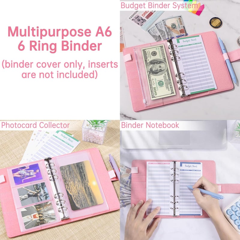 Antner A6 Notebook Binder Refillable 6 Ring Budget Binder Cover for A6 Refill Paper, PU Leather Budget Planner Organizer with Magnetic Buckle, Loose Leaf Personal Planner, Glitter Pink - Image 4