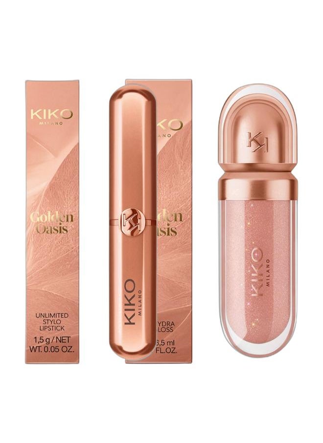 KIKO MILANO Golden Oasis 3D Hydra Lip Gloss 03 + Golden Oasis Unlimited Stylo Lipstick 03  - Image 1